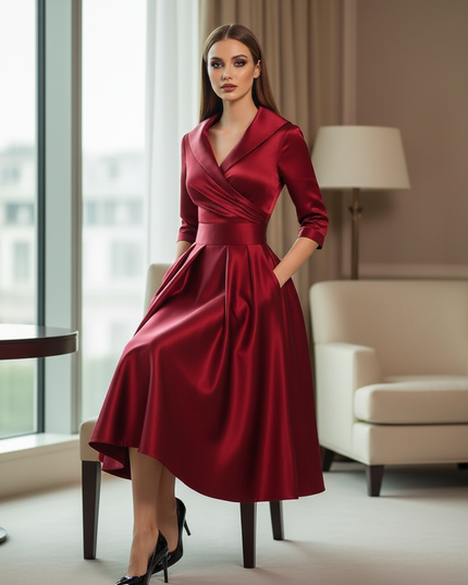 Satin Kleid Red - Satinkleid Midi Elegant Bordeaux - Langarm Kleid - Ansicht 5