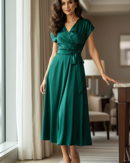 Satin Kleid Green - Satinkleid Midi Elegant Gruen - Wickelstyle - Ansicht 1