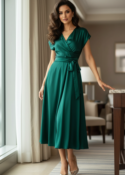 Satin Kleid Green - Satinkleid Midi Elegant Gruen - Wickelstyle - Ansicht 1
