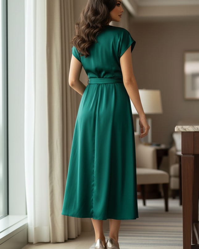 Satin Kleid Green - Satinkleid Midi Elegant Gruen - Wickelstyle - Ansicht 2