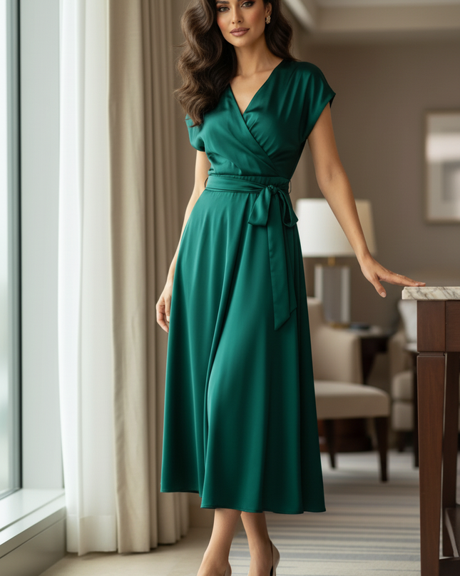 Satin Kleid Green - Satinkleid Midi Elegant Gruen - Wickelstyle - Ansicht 3