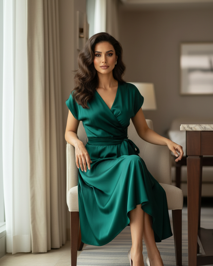 Satin Kleid Green - Satinkleid Midi Elegant Gruen - Wickelstyle - Ansicht 5