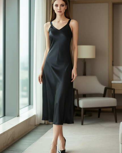 Satin Kleid Black - Satinkleid Midi Figurbetonend Schwarz - V-Neck Slip - Ansicht 1