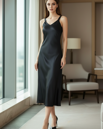 Satin Kleid Black - Satinkleid Midi Figurbetonend Schwarz - V-Neck Slip - Ansicht 3