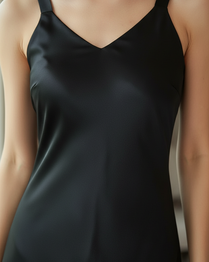Satin Kleid Black - Satinkleid Midi Figurbetonend Schwarz - V-Neck Slip - Ansicht 4
