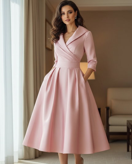 Satin Kleid Pink - Satinkleid Midi Fuchsia - Langarm leuchtend - Ansicht 1