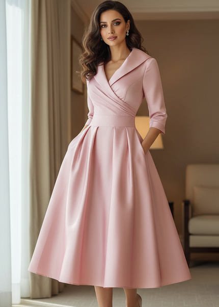 Satin Kleid Pink - Satinkleid Midi Fuchsia - Langarm leuchtend - Ansicht 1