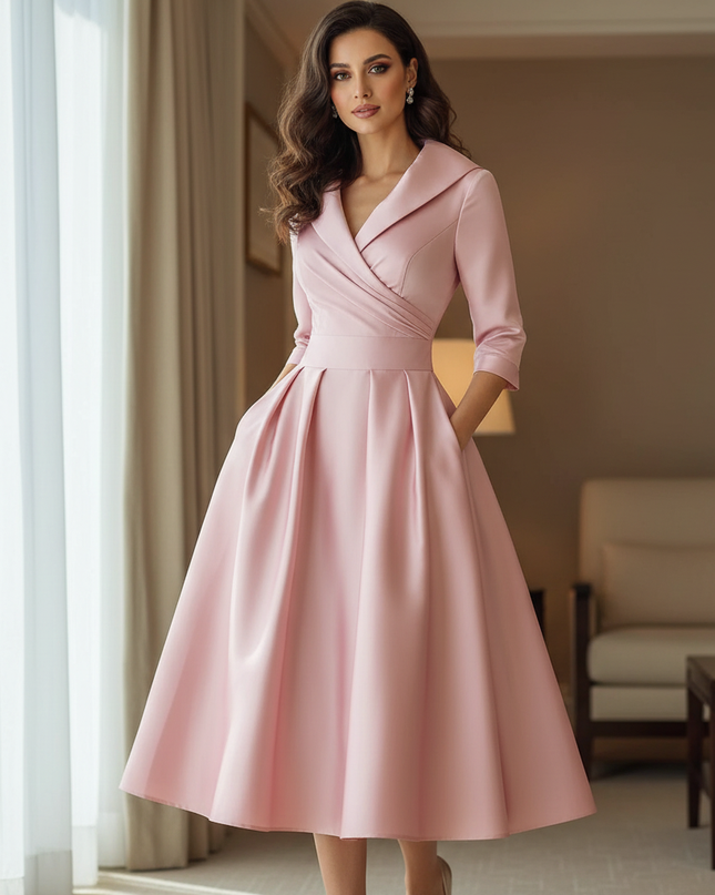Satin Kleid Pink - Satinkleid Midi Fuchsia - Langarm leuchtend - Ansicht 1