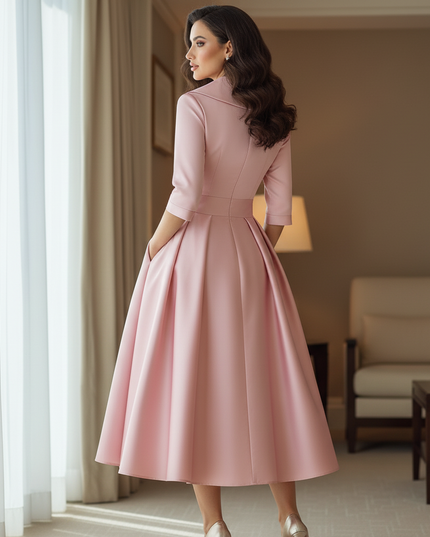 Satin Kleid Pink - Satinkleid Midi Fuchsia - Langarm leuchtend - Ansicht 2