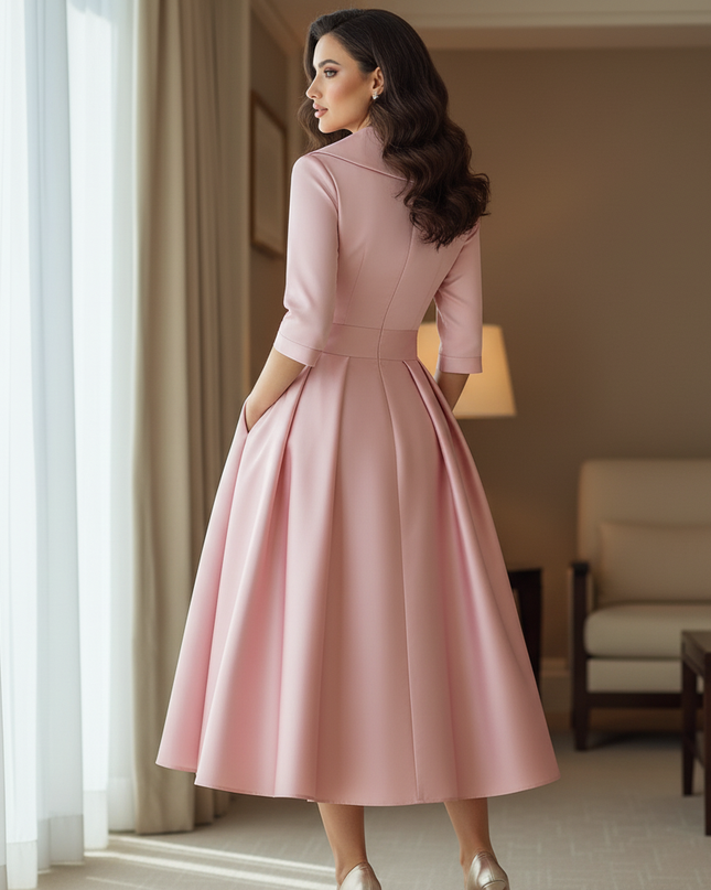 Satin Kleid Pink - Satinkleid Midi Fuchsia - Langarm leuchtend - Ansicht 2