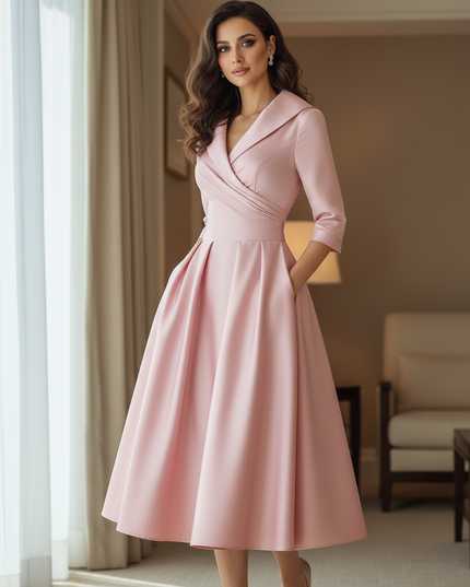 Satin Kleid Pink - Satinkleid Midi Fuchsia - Langarm leuchtend - Ansicht 3