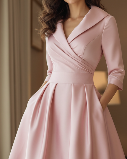 Satin Kleid Pink - Satinkleid Midi Fuchsia - Langarm leuchtend - Ansicht 4