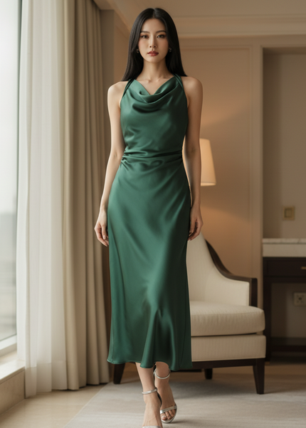 Satin Kleid Green - Satinkleid Midi Gruen - armelloses Bodycon Kleid - Ansicht 1