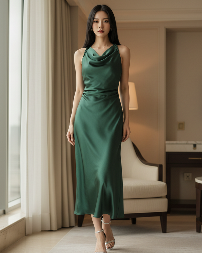Satin Kleid Green - Satinkleid Midi Gruen - armelloses Bodycon Kleid - Ansicht 1