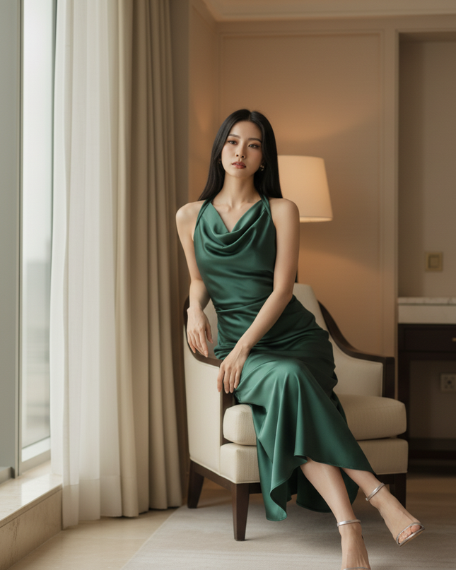 Satin Kleid Green - Satinkleid Midi Gruen - armelloses Bodycon Kleid - Ansicht 5