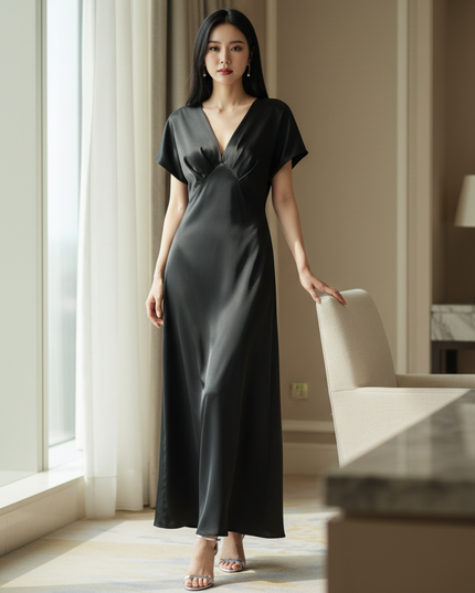 Satin Kleid - Satinkleid Midi Halter Schwarz - V-Knot Style - Ansicht 1