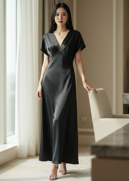 Satin Kleid - Satinkleid Midi Halter Schwarz - V-Knot Style - Ansicht 1