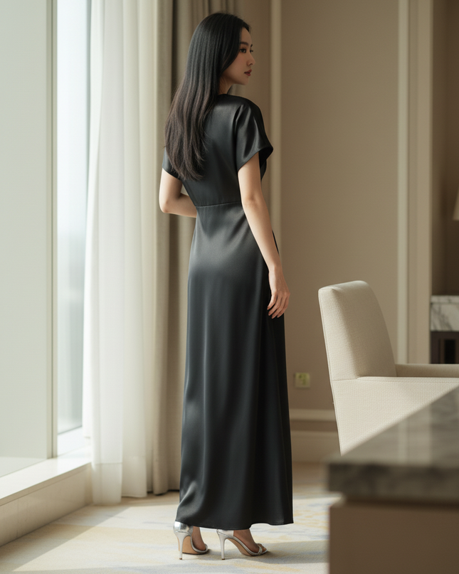 Satin Kleid - Satinkleid Midi Halter Schwarz - V-Knot Style - Ansicht 2