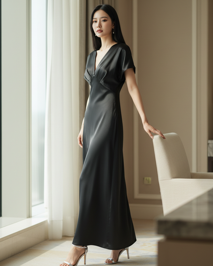 Satin Kleid - Satinkleid Midi Halter Schwarz - V-Knot Style - Ansicht 3