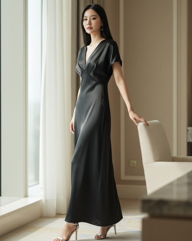 Satin Kleid - Satinkleid Midi Halter Schwarz - V-Knot Style - Ansicht 3