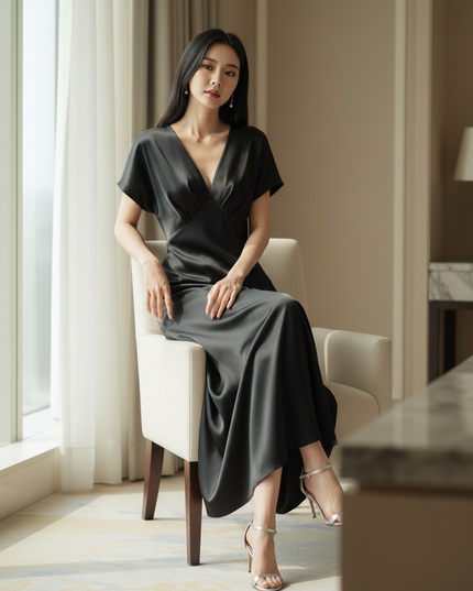 Satin Kleid - Satinkleid Midi Halter Schwarz - V-Knot Style - Ansicht 5