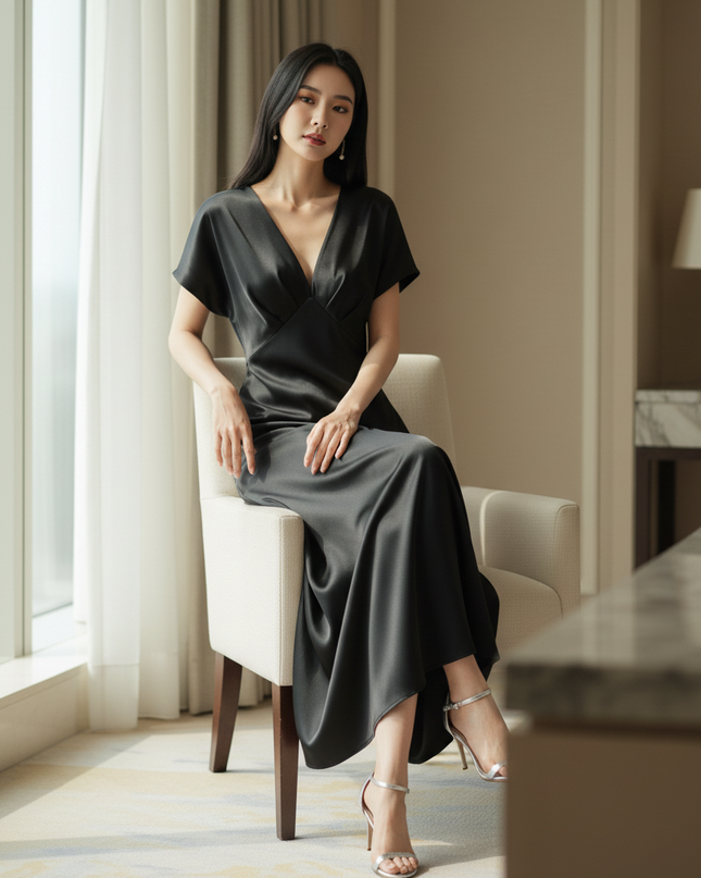 Satin Kleid - Satinkleid Midi Halter Schwarz - V-Knot Style - Ansicht 5