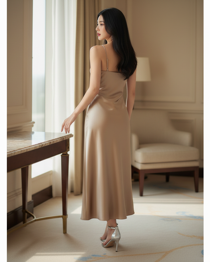 Satin Kleid Gold - Satinkleid Midi Halter - Gold Champagner, A-Linie - Ansicht 2