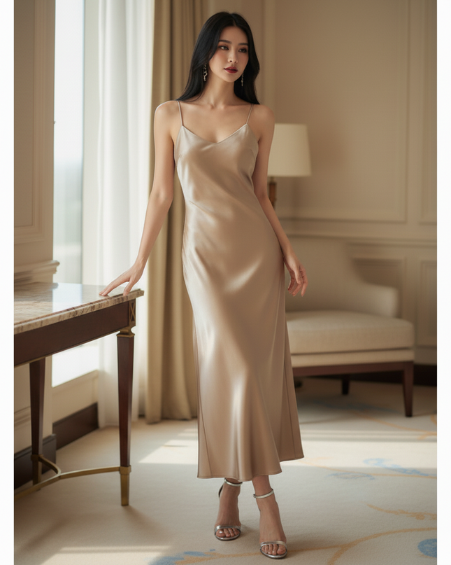 Satin Kleid Gold - Satinkleid Midi Halter - Gold Champagner, A-Linie - Ansicht 3