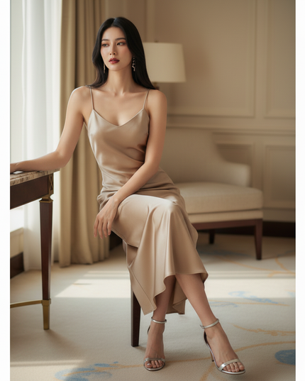 Satin Kleid Gold - Satinkleid Midi Halter - Gold Champagner, A-Linie - Ansicht 5