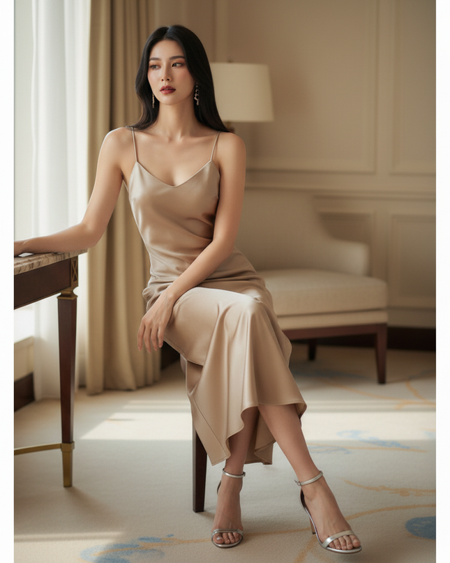 Satin Kleid Gold - Satinkleid Midi Halter - Gold Champagner, A-Linie - Ansicht 5