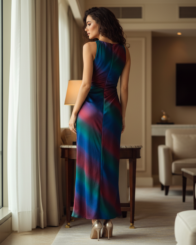 Satin Kleid Multicolor - Satinkleid Midi Khaki - armelloses Bodycon Kleid - Ansicht 2