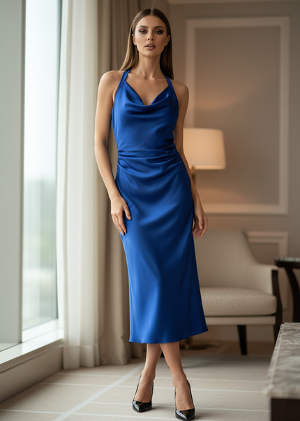 Satin Kleid Blue - Satinkleid Midi Koenigsblau - armelloses Bodycon - Ansicht 1
