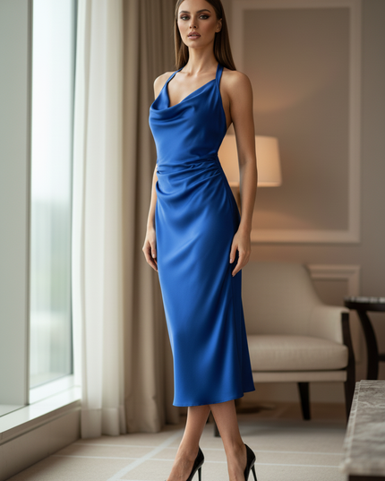 Satin Kleid Blue - Satinkleid Midi Koenigsblau - armelloses Bodycon - Ansicht 3