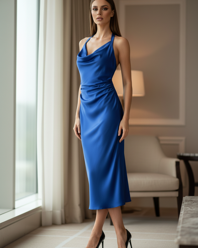 Satin Kleid Blue - Satinkleid Midi Koenigsblau - armelloses Bodycon - Ansicht 3