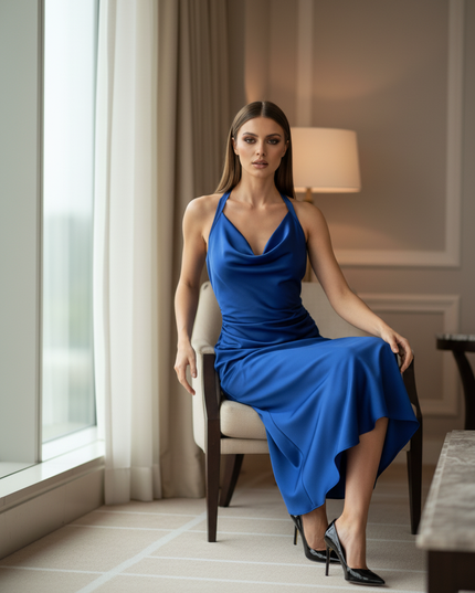 Satin Kleid Blue - Satinkleid Midi Koenigsblau - armelloses Bodycon - Ansicht 5