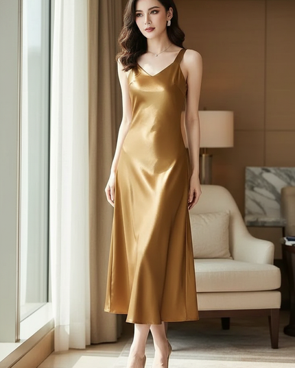 Satin Kleid Gold - Satinkleid Midi Lang Elegant - Gold V-Ausschnitt - Ansicht 1