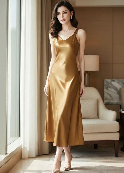Satin Kleid Gold - Satinkleid Midi Lang Elegant - Gold V-Ausschnitt - Ansicht 1