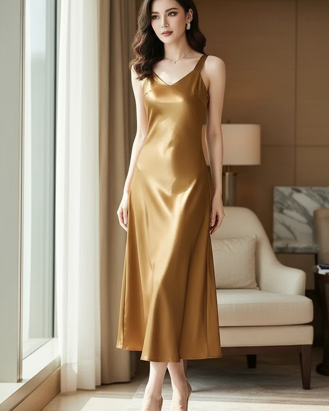 Satin Kleid Gold - Satinkleid Midi Lang Elegant - Gold V-Ausschnitt - Ansicht 1