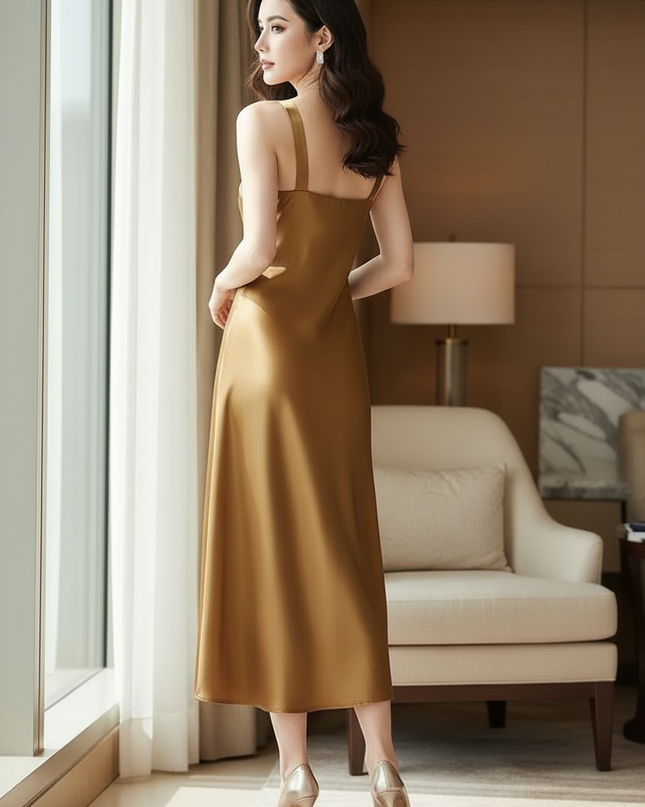 Satin Kleid Gold - Satinkleid Midi Lang Elegant - Gold V-Ausschnitt - Ansicht 2