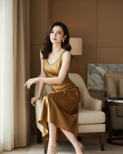 Satin Kleid Gold - Satinkleid Midi Lang Elegant - Gold V-Ausschnitt - Ansicht 5