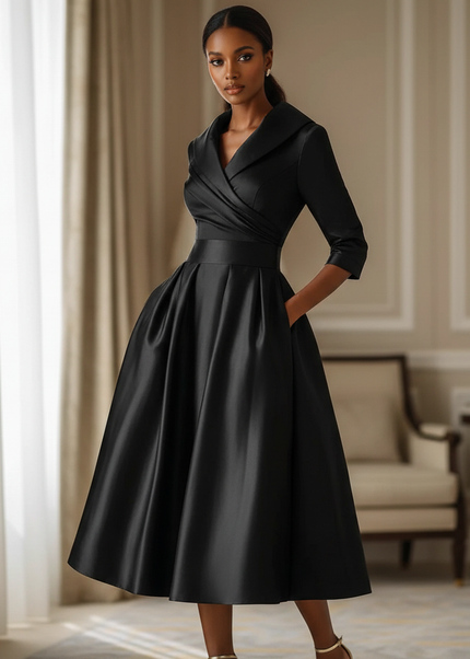 Satin Kleid Black - Satinkleid Midi Langarm Schwarz - elegantes Kleid - Ansicht 1