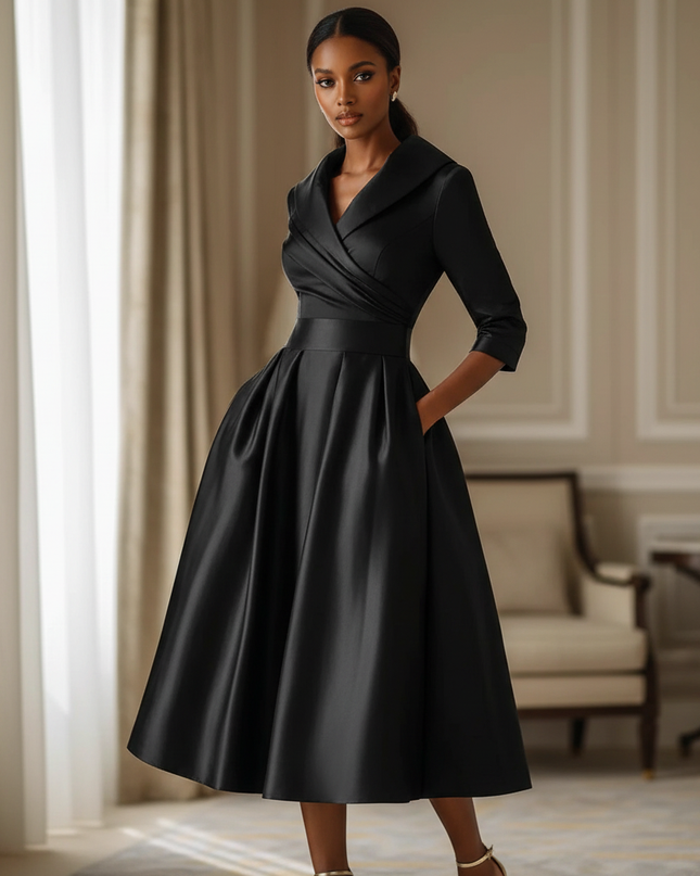 Satin Kleid Black - Satinkleid Midi Langarm Schwarz - elegantes Kleid - Ansicht 1