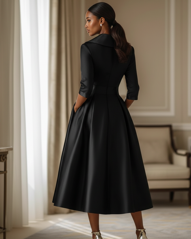 Satin Kleid Black - Satinkleid Midi Langarm Schwarz - elegantes Kleid - Ansicht 2