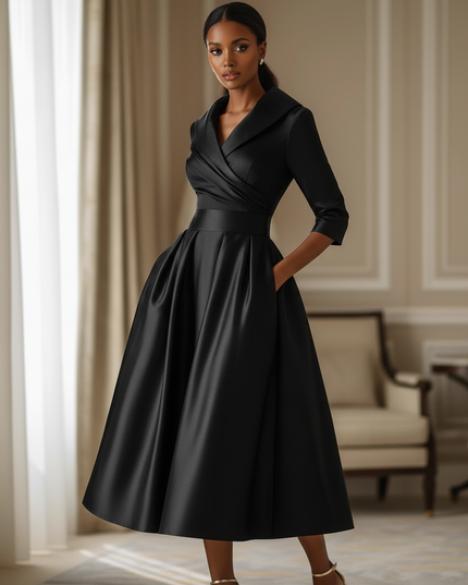 Satin Kleid Black - Satinkleid Midi Langarm Schwarz - elegantes Kleid - Ansicht 3