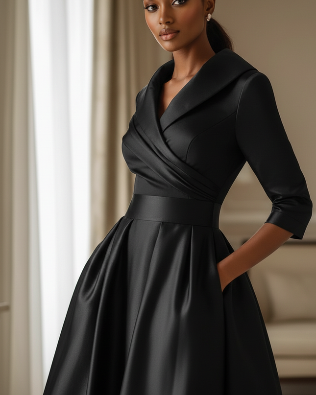 Satin Kleid Black - Satinkleid Midi Langarm Schwarz - elegantes Kleid - Ansicht 4