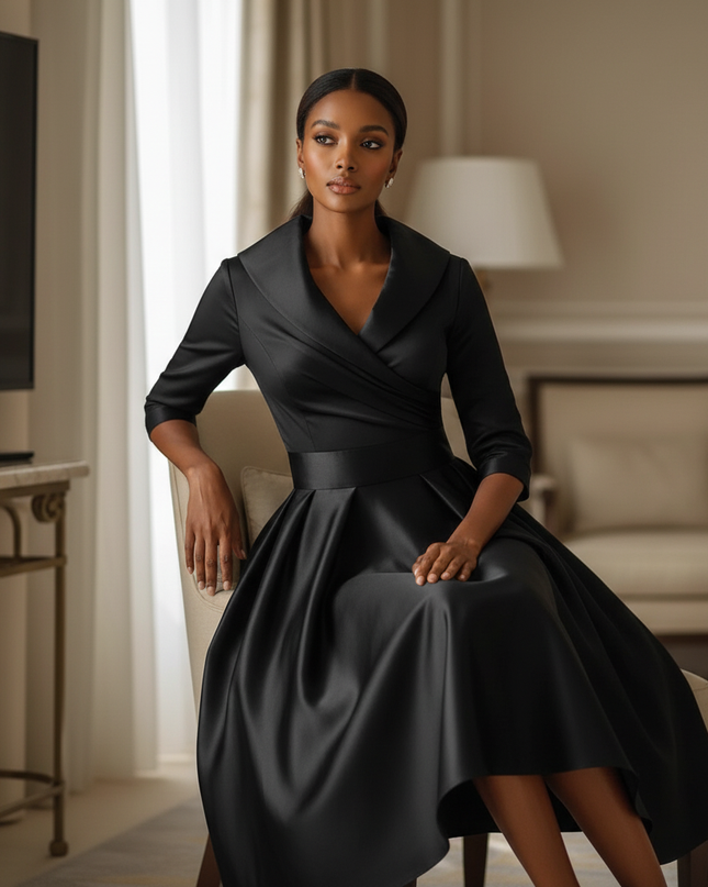 Satin Kleid Black - Satinkleid Midi Langarm Schwarz - elegantes Kleid - Ansicht 5