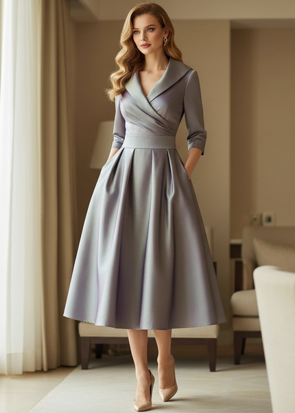 Satin Kleid Multicolor - Satinkleid Midi Langarm Khaki - elegantes Kleid - Ansicht 1