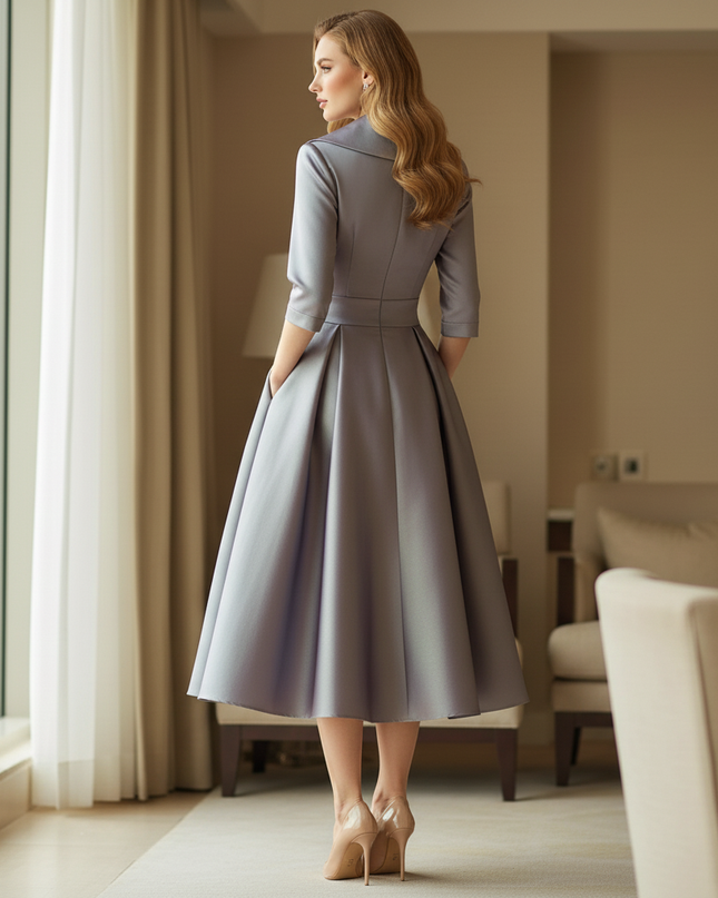 Satin Kleid Multicolor - Satinkleid Midi Langarm Khaki - elegantes Kleid - Ansicht 2
