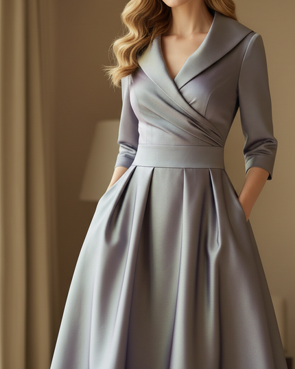 Satin Kleid Multicolor - Satinkleid Midi Langarm Khaki - elegantes Kleid - Ansicht 4