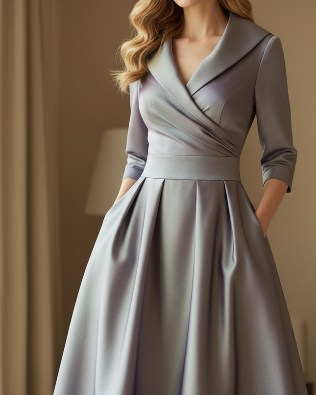 Satin Kleid Multicolor - Satinkleid Midi Langarm Khaki - elegantes Kleid - Ansicht 4